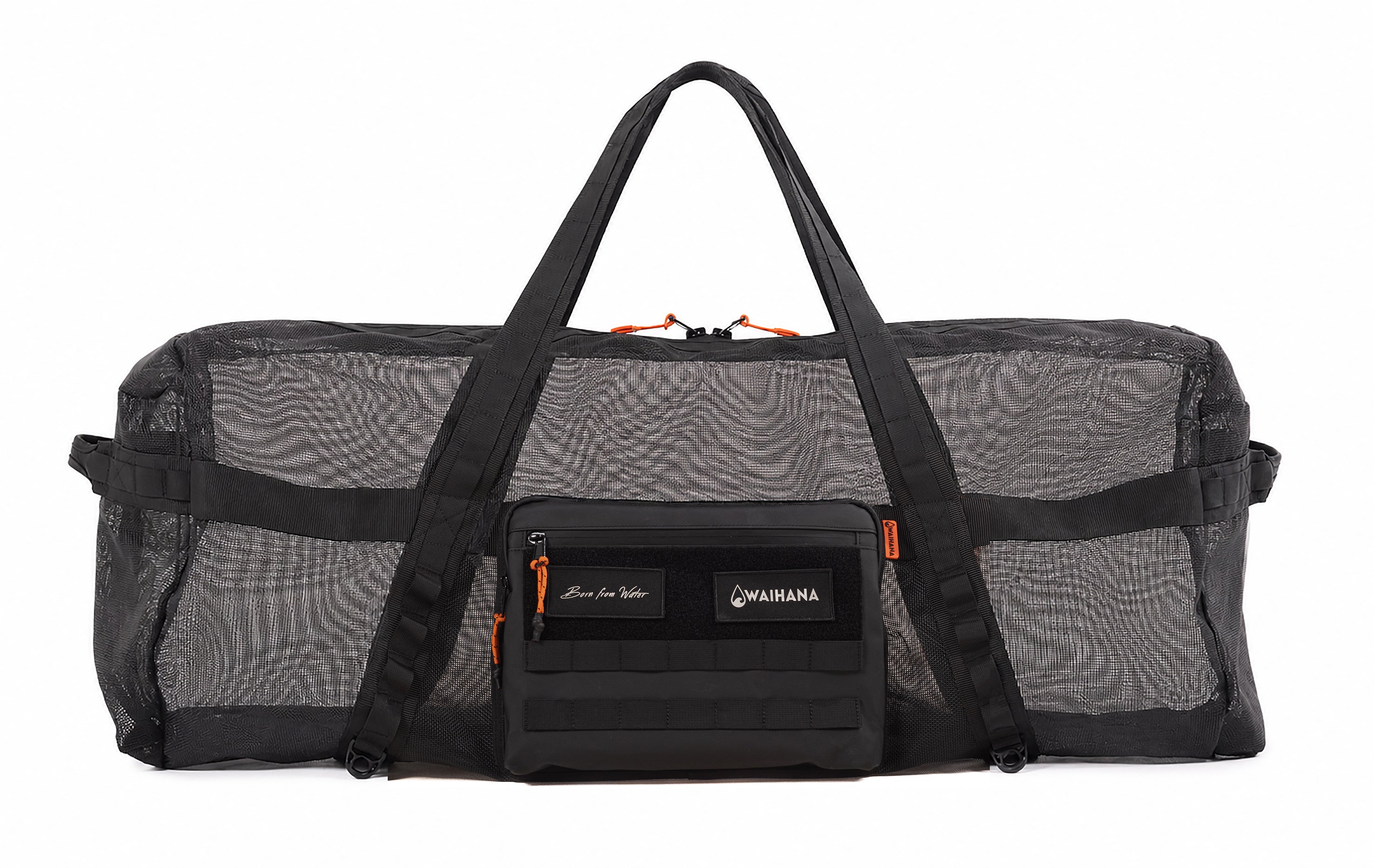 Waihana Expedition Duffel in black mesh with orange zipper pulls, reinforced nylon webbing straps, and a front MOLLE-style zippered pocket displaying the Waihana logo, shown on a white studio background.